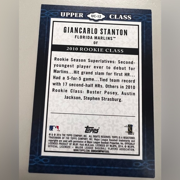 2014 Topps Upper Class Giancarlo Stanton Baseball Card - Picture 2 of 2